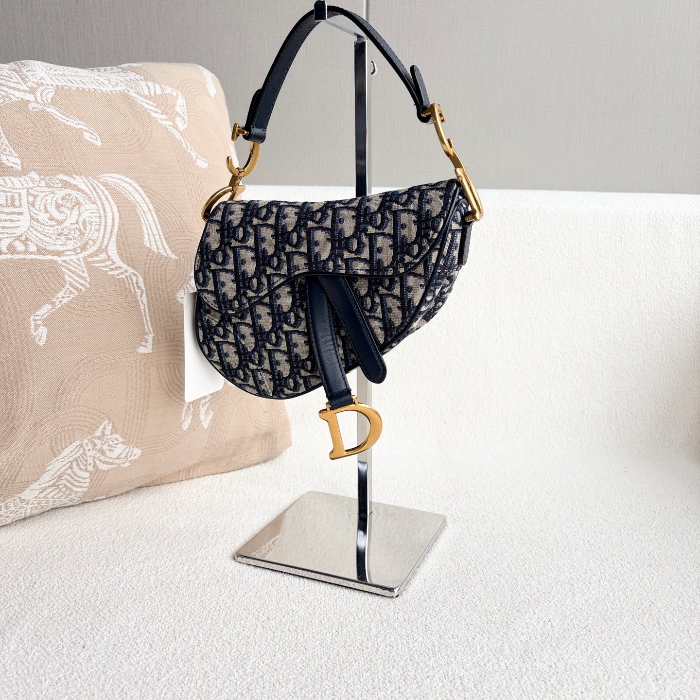 Dior - Saddle Bag - Embroidered canvas with leather trim - Navy - (Small)