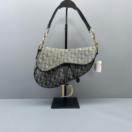 Dior - Saddle bag - Oblique jacquard canvas with leather trim - Grey with black leather accents - (medium)