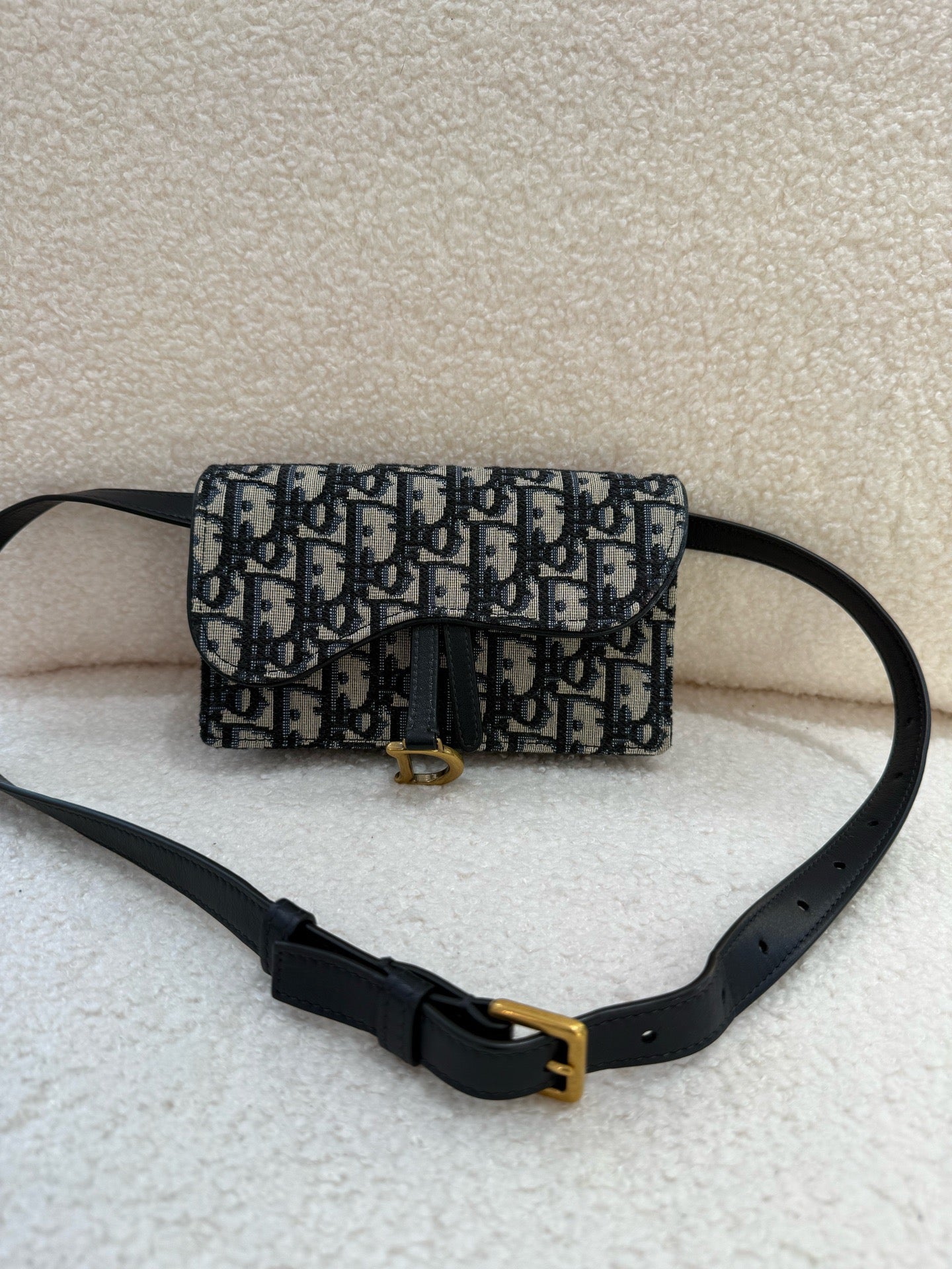 Dior - Saddle Belt Bag - Oblique canvas with calfskin leather trim - Navy Blue and Beige with Gold-Tone Hardware - (mini)
