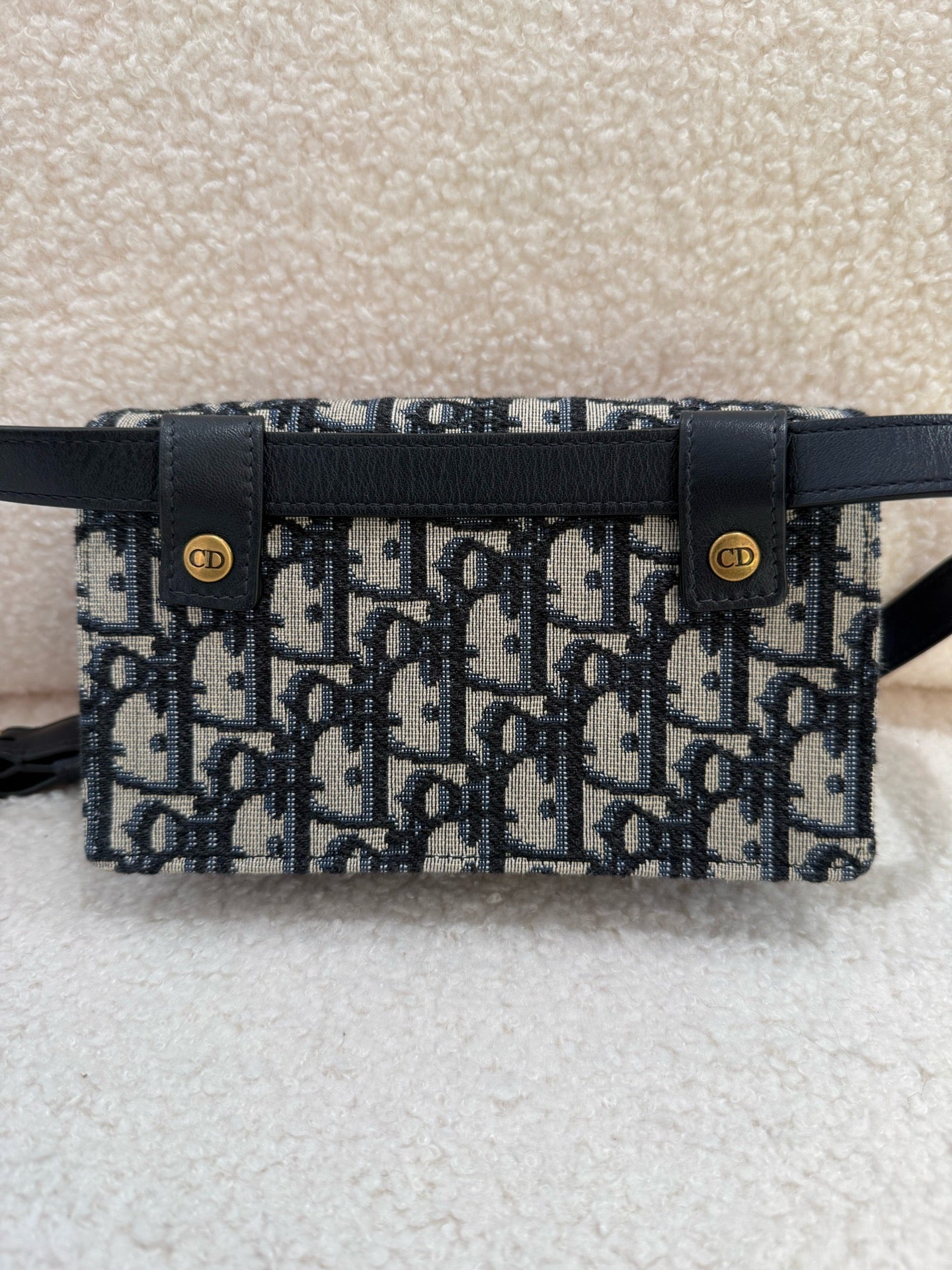 Dior - Saddle Belt Bag - Oblique canvas with calfskin leather trim - Navy Blue and Beige with Gold-Tone Hardware - (mini)
