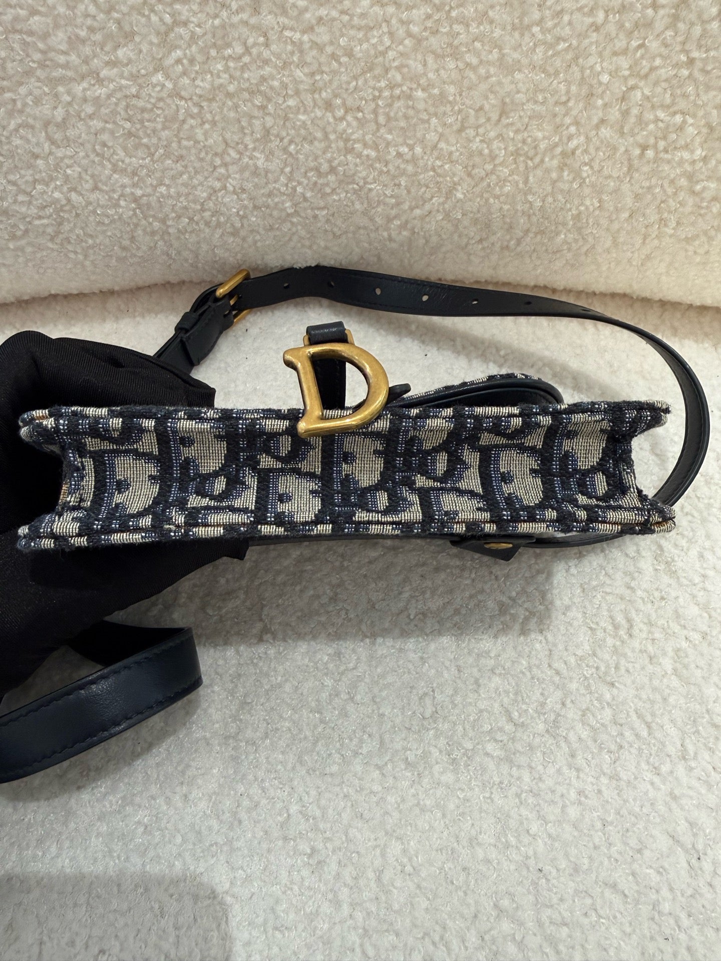 Dior - Saddle Belt Bag - Oblique canvas with calfskin leather trim - Navy Blue and Beige with Gold-Tone Hardware - (mini)