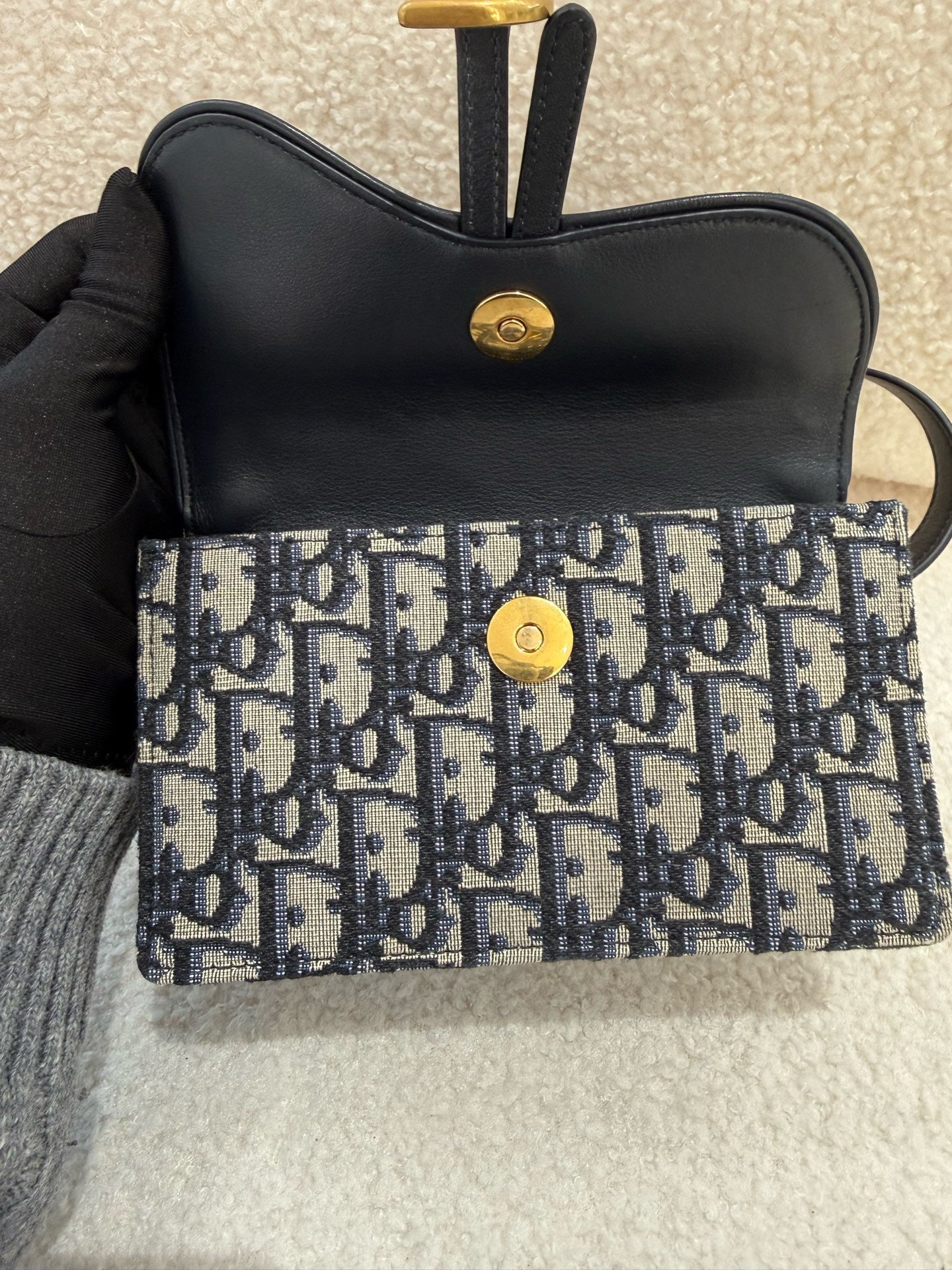 Dior - Saddle Belt Bag - Oblique canvas with calfskin leather trim - Navy Blue and Beige with Gold-Tone Hardware - (mini)