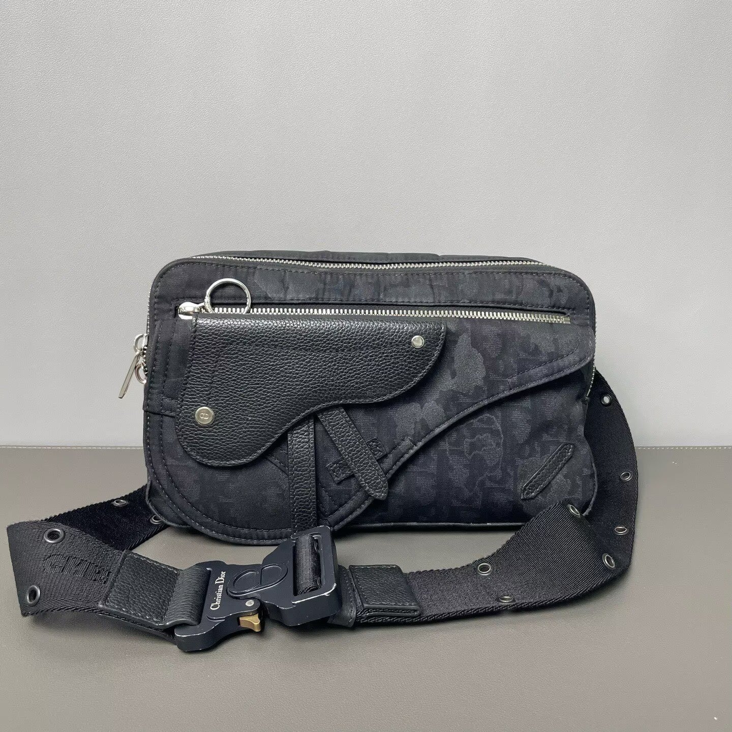 Dior - Saddle Belt Bag - Oblique canvas with pebbled leather trim - Black - (medium)