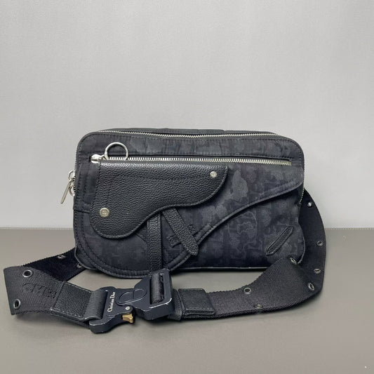 Dior - Saddle Belt Bag - Oblique canvas with pebbled leather trim - Black - (medium)