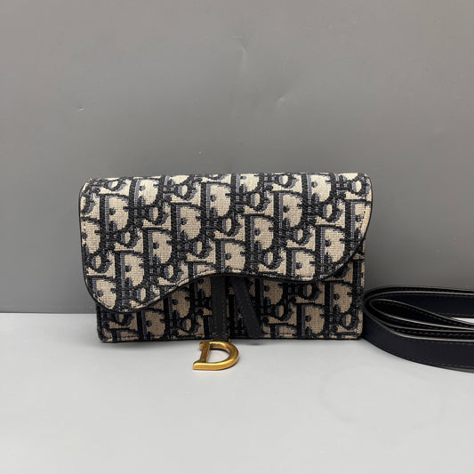 Dior - Saddle Belt Bag - Oblique embroidered canvas with leather trim - Beige and Navy - (Mini)