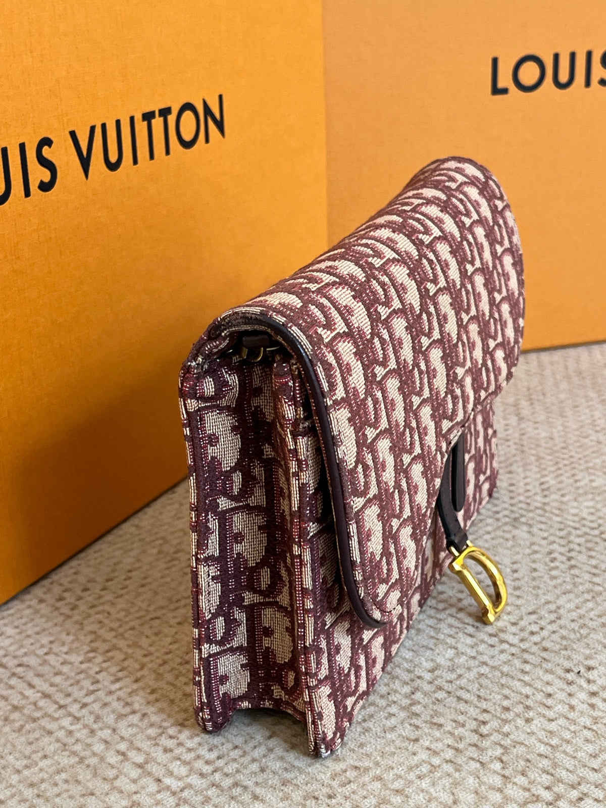 Dior - Saddle Chain Pouch - Cloth - Burgundy