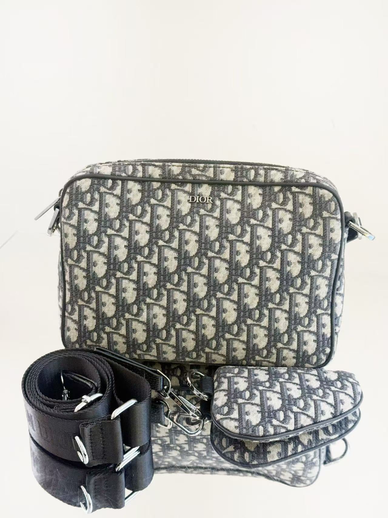 Dior - Saddle Oblique Three-in-One Bag - Oblique jacquard canvas with leather trim - Grey with Black and Beige accents - (Small)