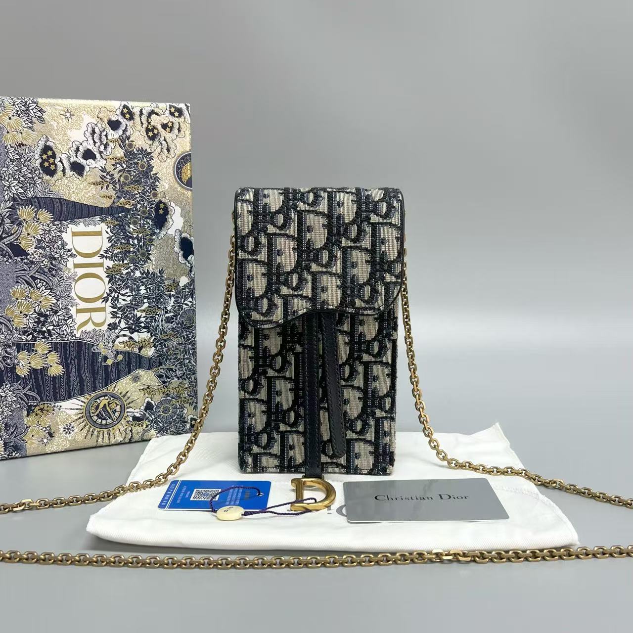Dior - Saddle Vertical Phone Bag - Oblique jacquard canvas with leather trim - Beige and Black - (mini)