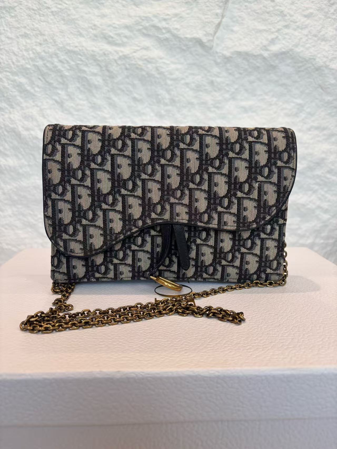 Dior - Saddle Wallet on Chain - Oblique canvas with leather trim - Blue and beige - (mini)