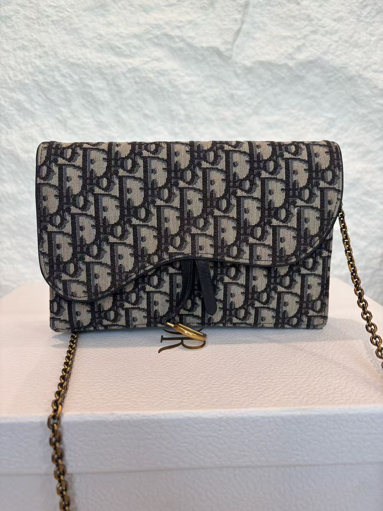 Dior - Saddle Wallet on Chain - Oblique canvas with leather trim - Blue and beige - (mini)