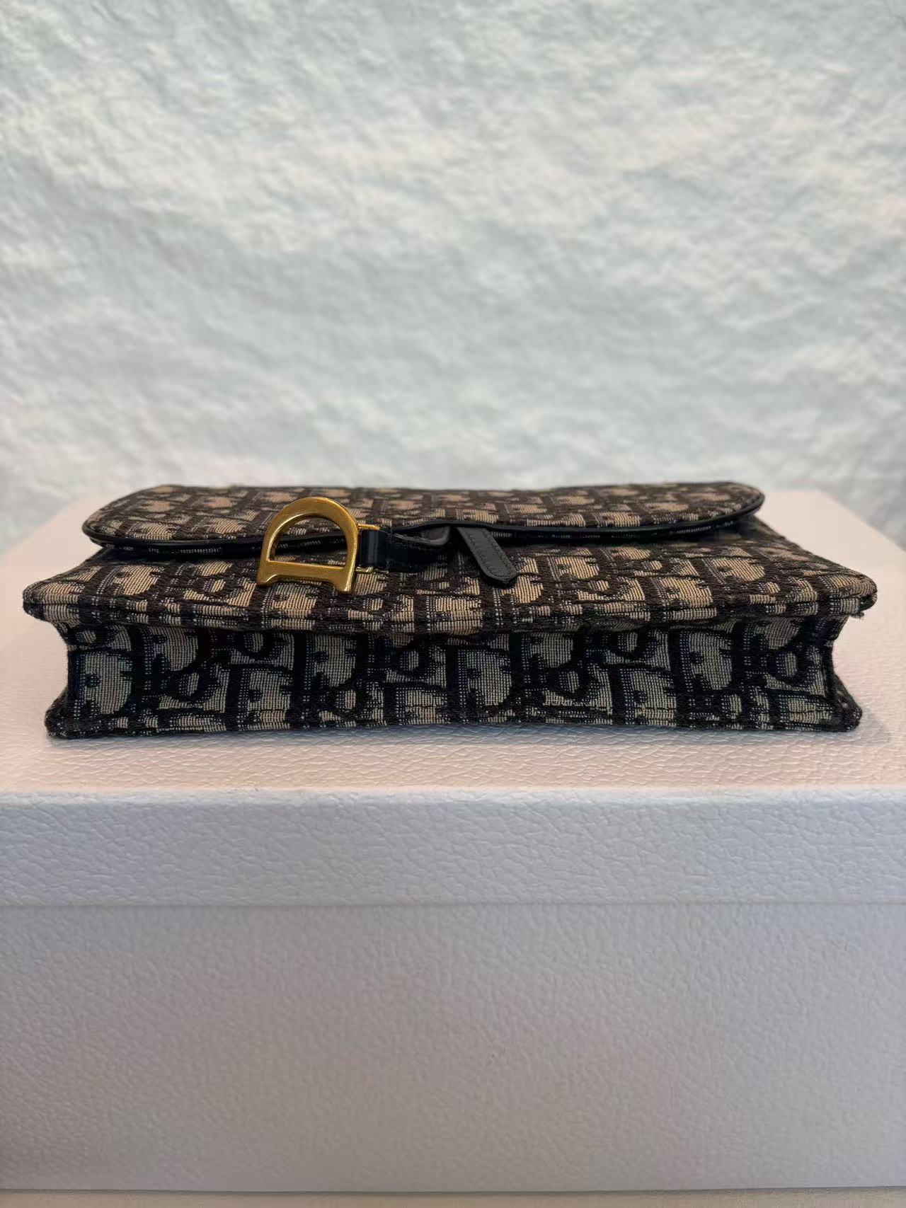 Dior - Saddle Wallet on Chain - Oblique canvas with leather trim - Blue and beige - (mini)
