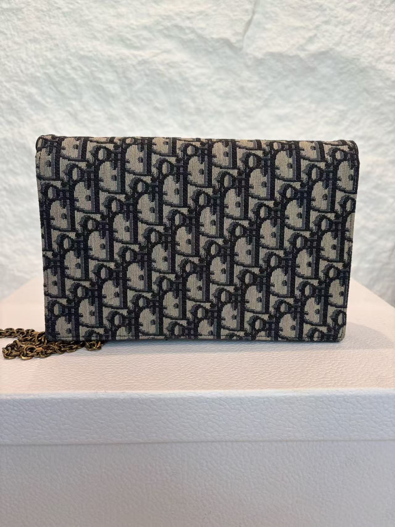 Dior - Saddle Wallet on Chain - Oblique canvas with leather trim - Blue and beige - (mini)
