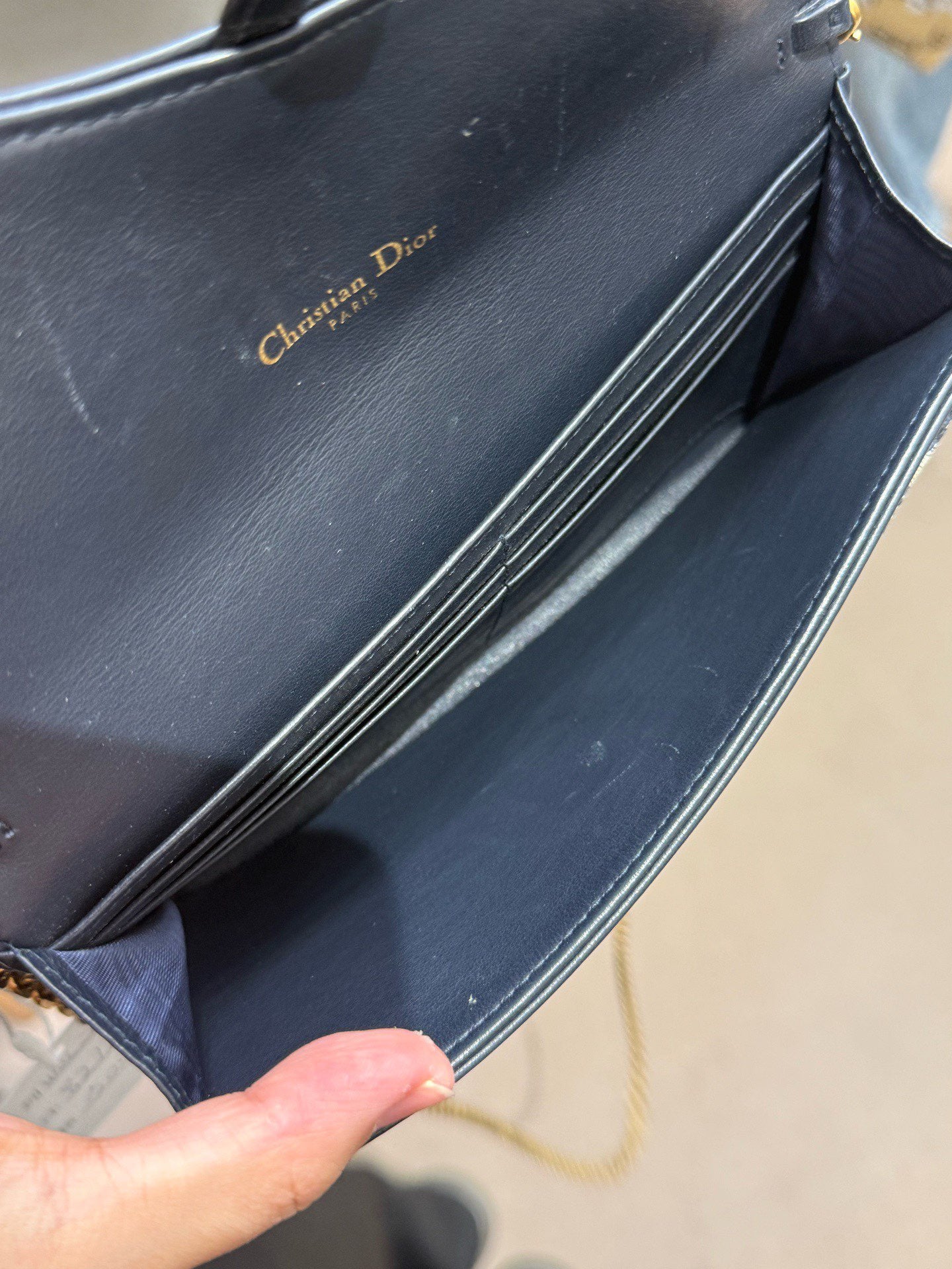 Dior - Saddle Wallet on Chain (WOC) - Oblique jacquard canvas with leather trim - Beige and Navy Blue with Gold-Tone Hardware - (small)