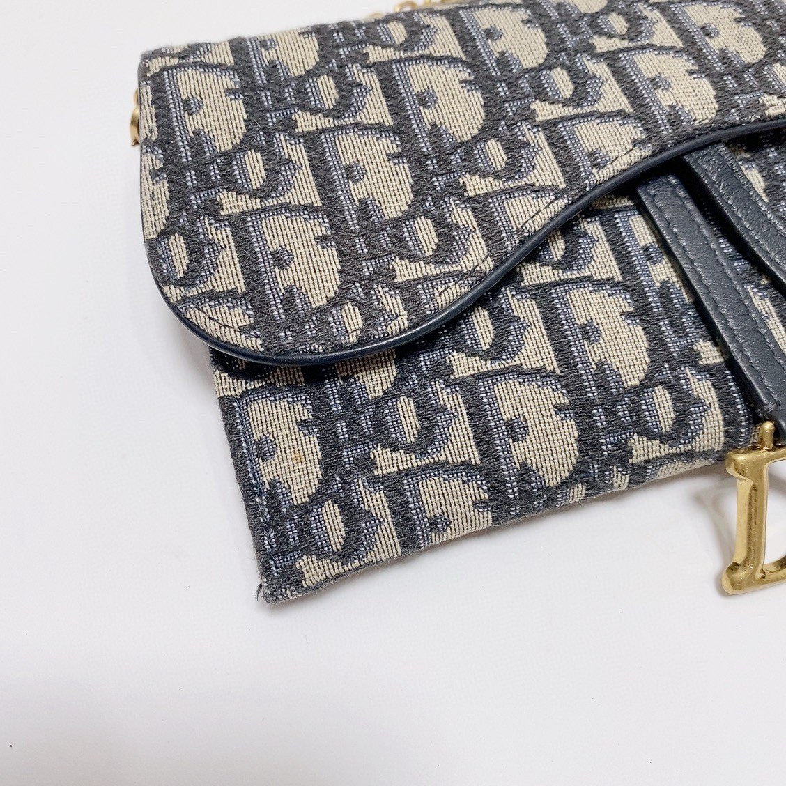 Dior - Saddle Wallet on Chain (WOC) - Oblique jacquard canvas with leather trim - Beige and Navy Blue with Gold-Tone Hardware - (small)
