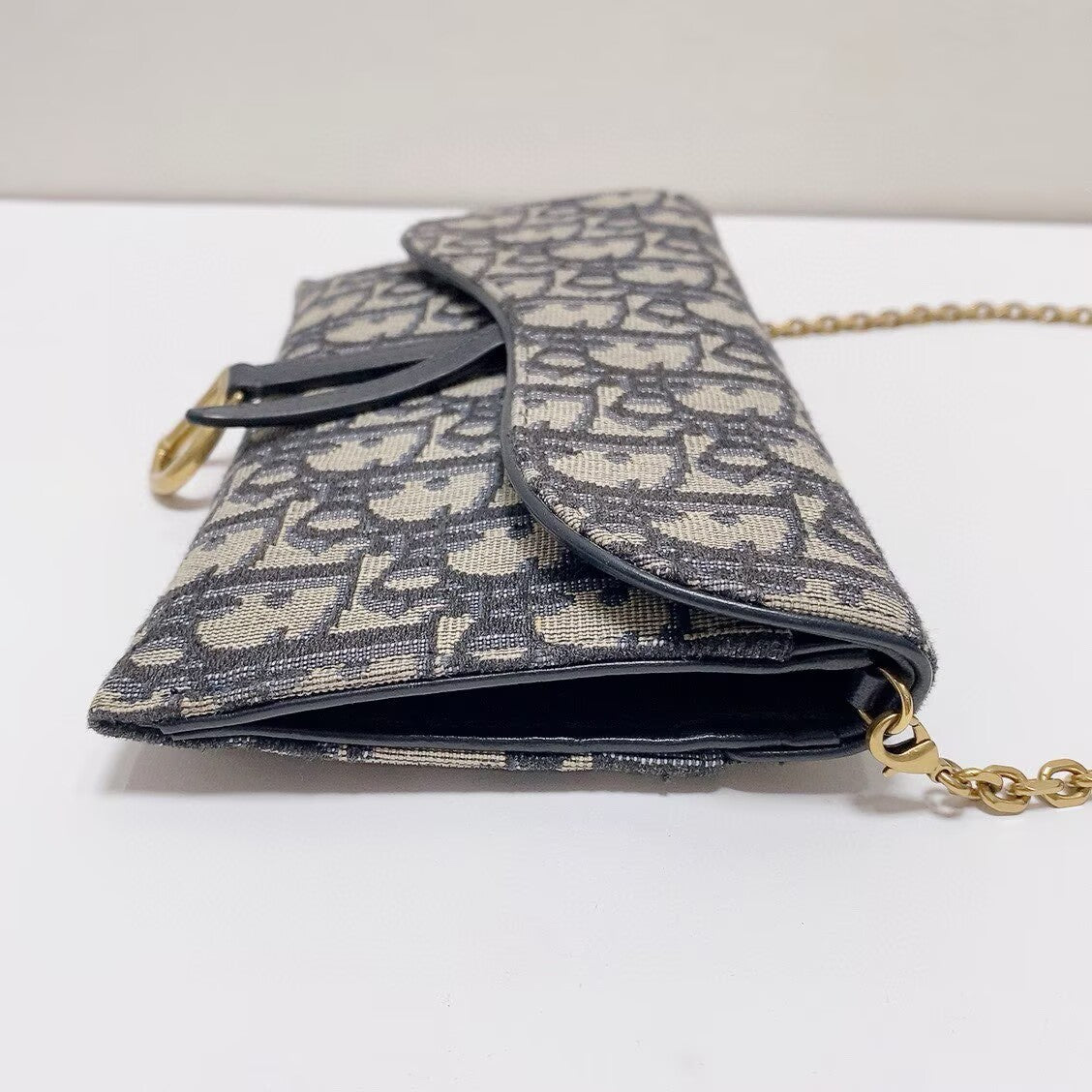 Dior - Saddle Wallet on Chain (WOC) - Oblique jacquard canvas with leather trim - Beige and Navy Blue with Gold-Tone Hardware - (small)