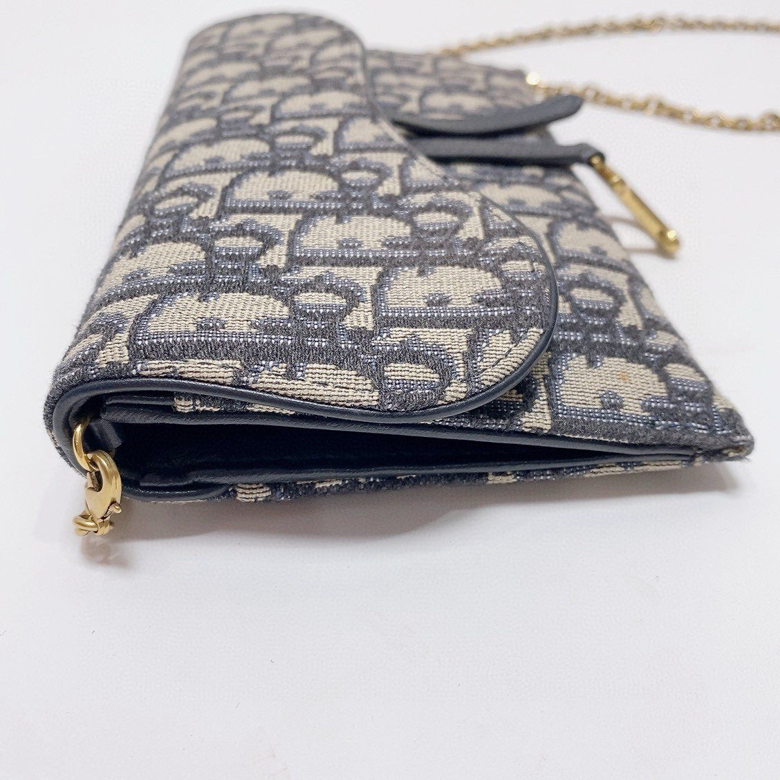 Dior - Saddle Wallet on Chain (WOC) - Oblique jacquard canvas with leather trim - Beige and Navy Blue with Gold-Tone Hardware - (small)
