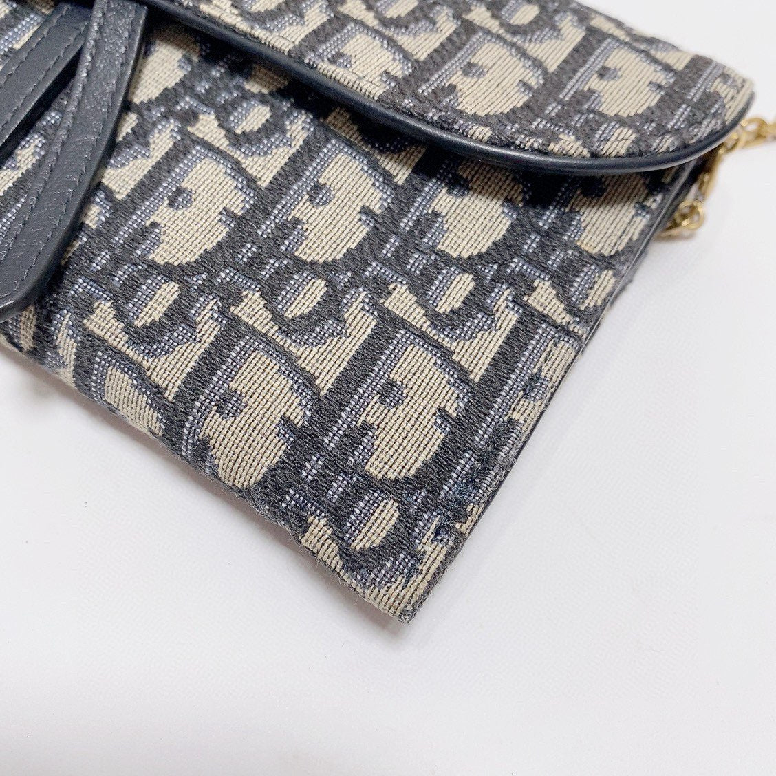 Dior - Saddle Wallet on Chain (WOC) - Oblique jacquard canvas with leather trim - Beige and Navy Blue with Gold-Tone Hardware - (small)