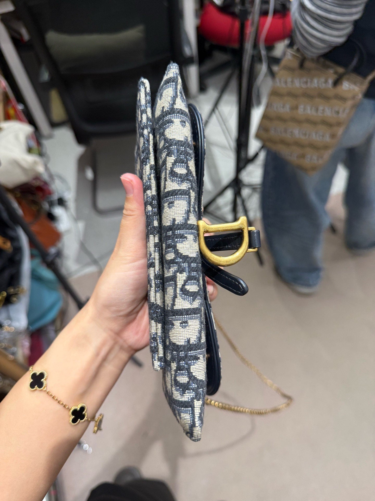 Dior - Saddle Wallet on Chain (WOC) - Oblique jacquard canvas with leather trim - Beige and Navy Blue with Gold-Tone Hardware - (small)