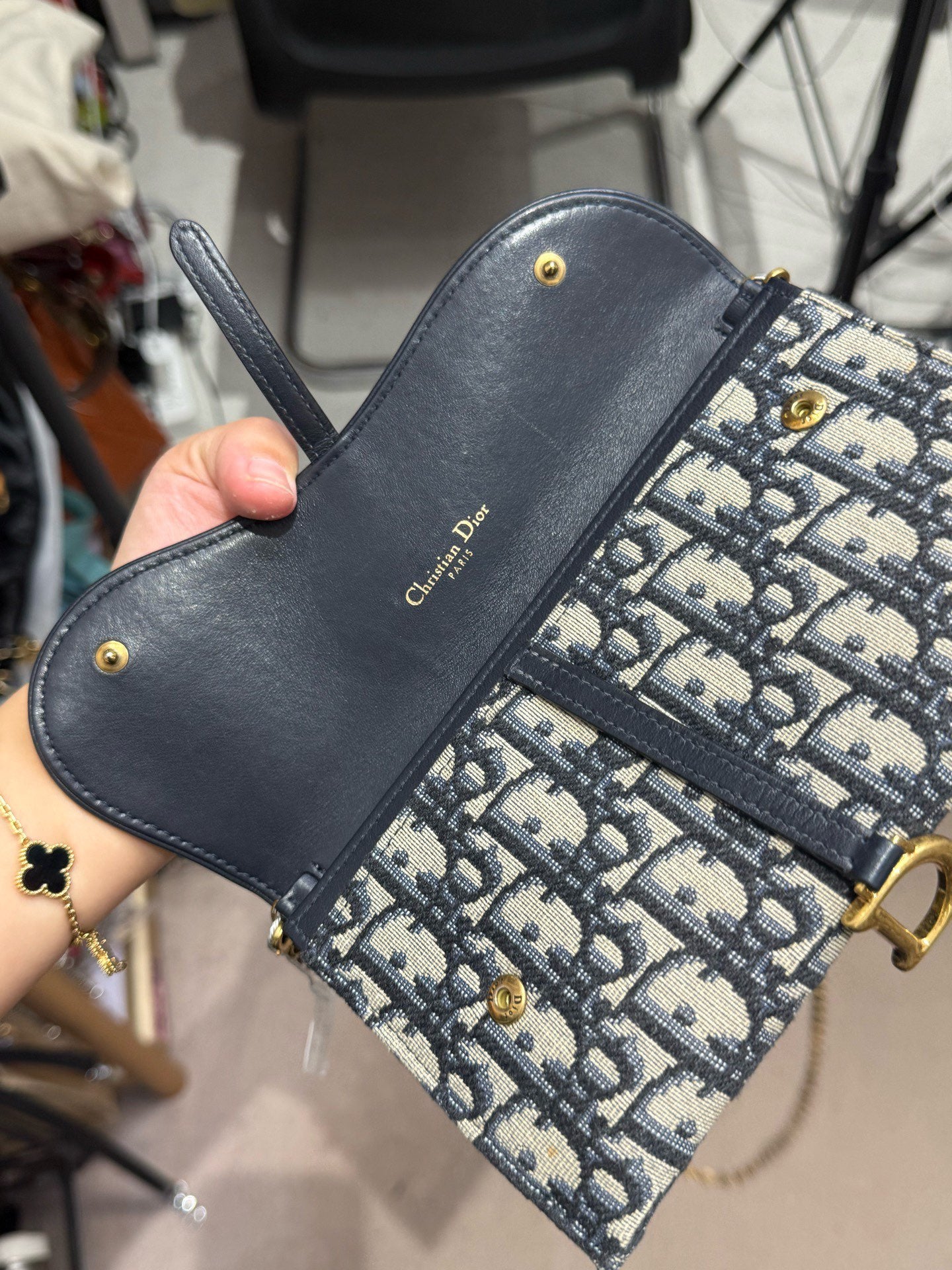 Dior - Saddle Wallet on Chain (WOC) - Oblique jacquard canvas with leather trim - Beige and Navy Blue with Gold-Tone Hardware - (small)