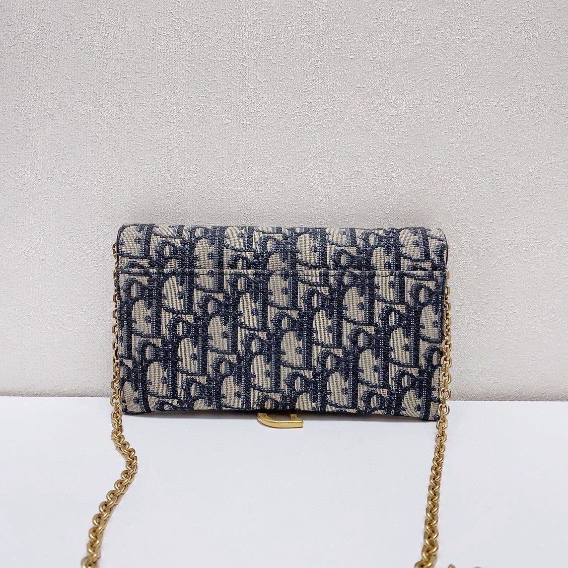 Dior - Saddle Wallet on Chain (WOC) - Oblique jacquard canvas with leather trim - Beige and Navy Blue with Gold-Tone Hardware - (small)