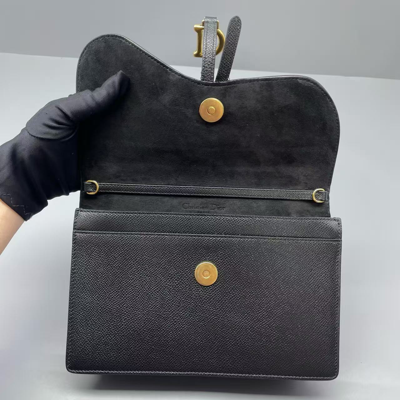 Dior - Saddle Wallet with Chain - Grained leather - Black - (small)