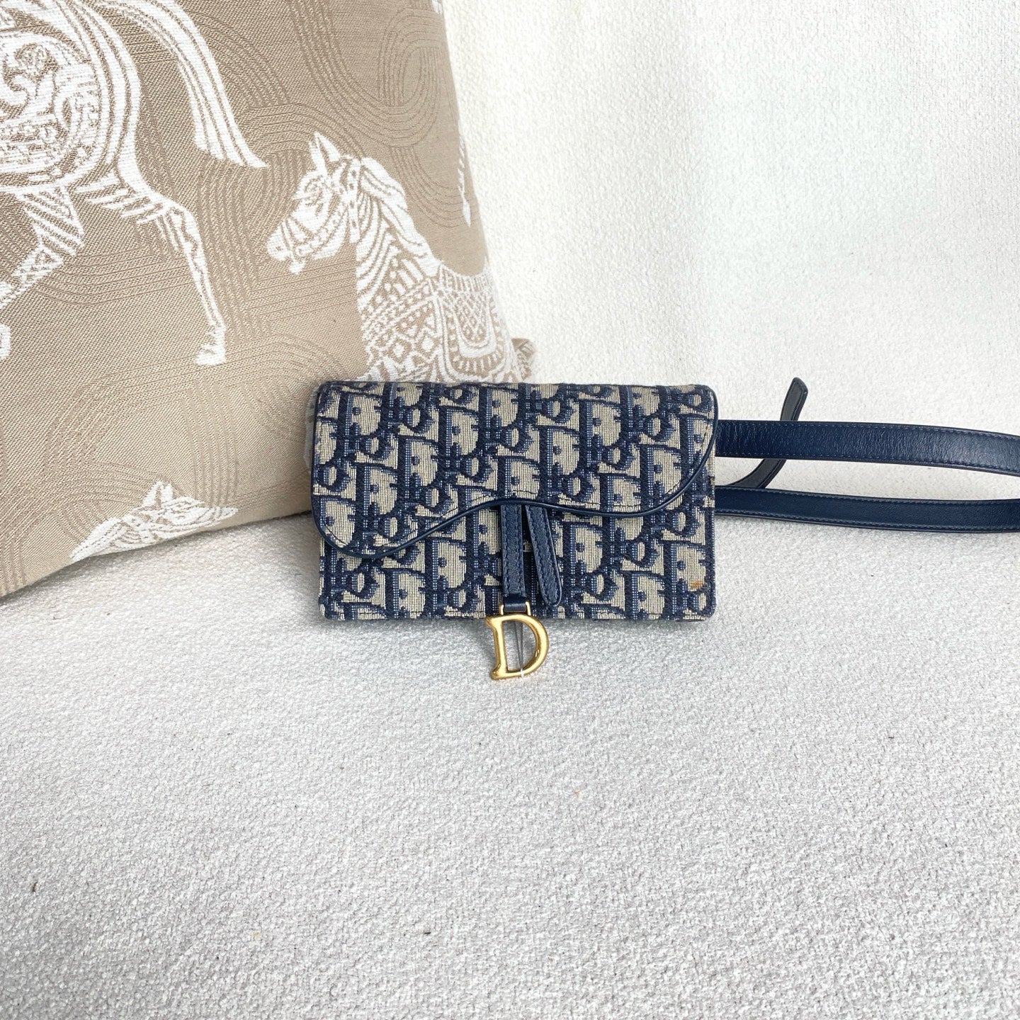 Dior - Saddle WOC Belt Bag - Embroidered Oblique canvas with leather trim - Blue - (mini)
