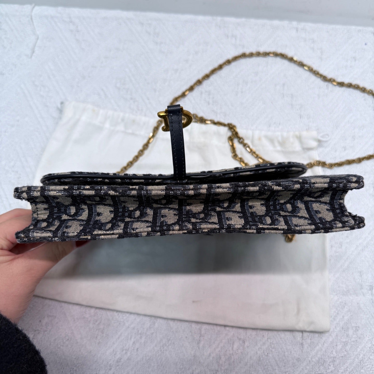 Dior - Saddle WOC (Wallet on Chain) - Dior Oblique jacquard canvas with calfskin leather trim - Beige and Navy with Gold-Tone Hardware - (Standard)