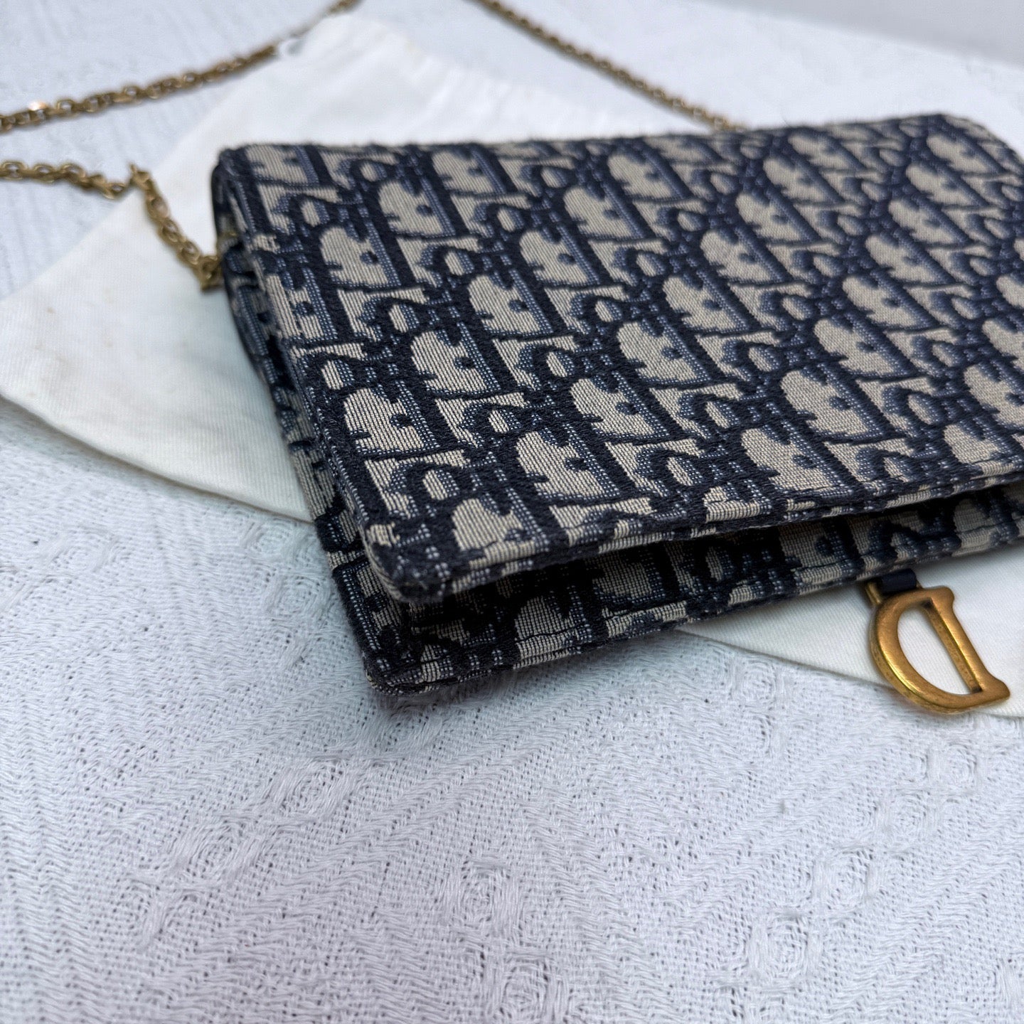 Dior - Saddle WOC (Wallet on Chain) - Dior Oblique jacquard canvas with calfskin leather trim - Beige and Navy with Gold-Tone Hardware - (Standard)