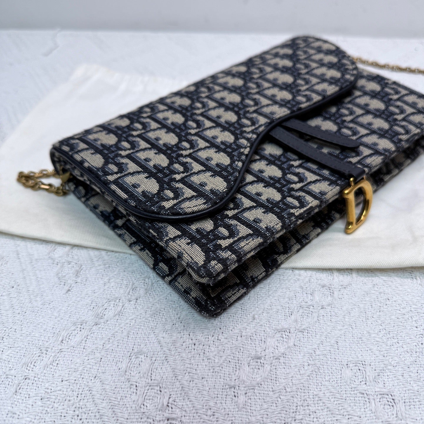 Dior - Saddle WOC (Wallet on Chain) - Dior Oblique jacquard canvas with calfskin leather trim - Beige and Navy with Gold-Tone Hardware - (Standard)