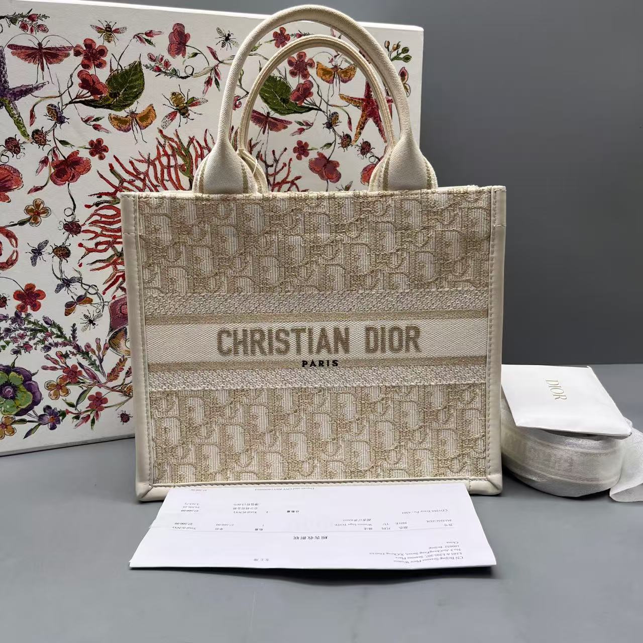 Dior - Small Book Tote - Embroidered canvas and leather trim - Beige with Gold/Tan embroidery - (small)