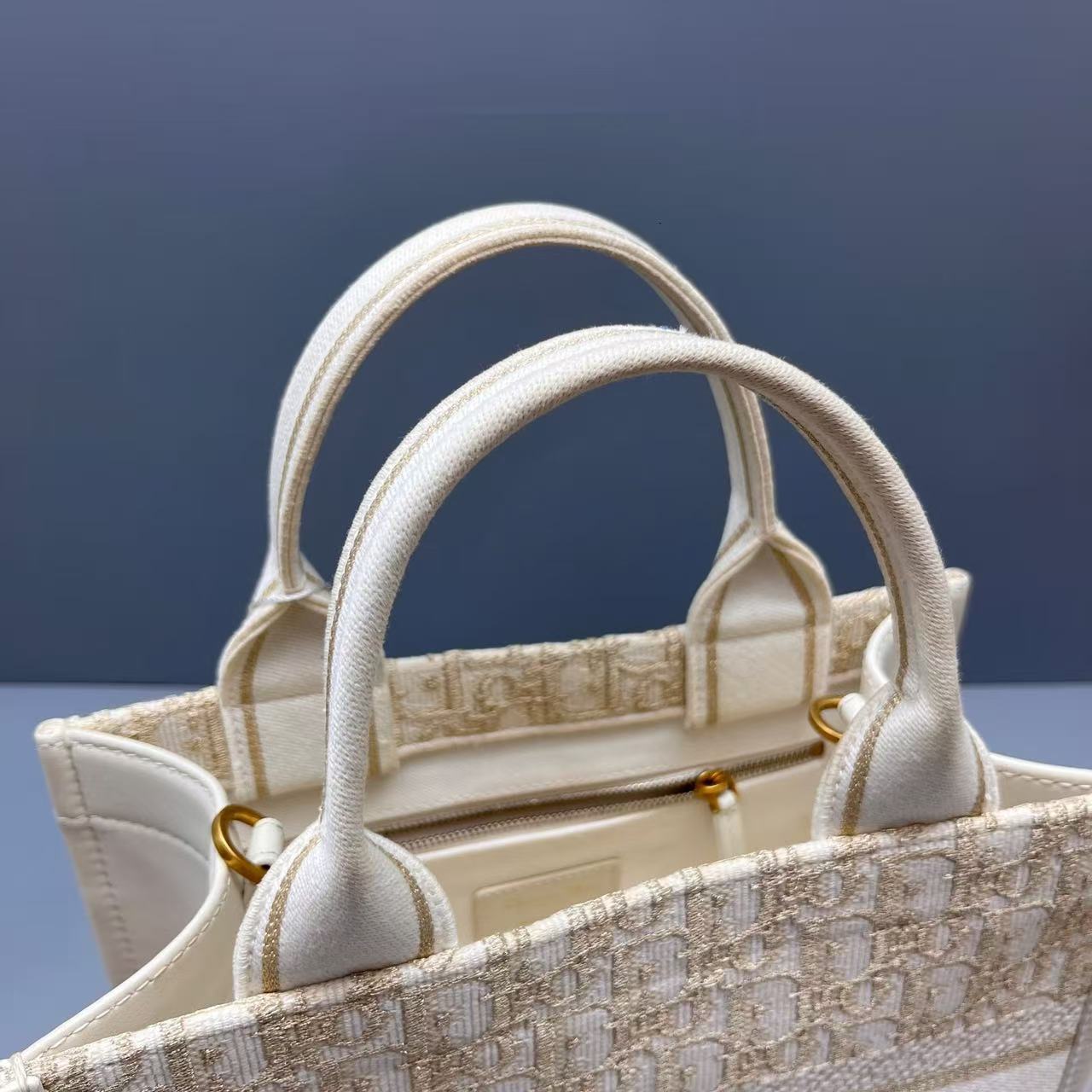 Dior - Small Book Tote - Embroidered canvas and leather trim - Beige with Gold/Tan embroidery - (small)