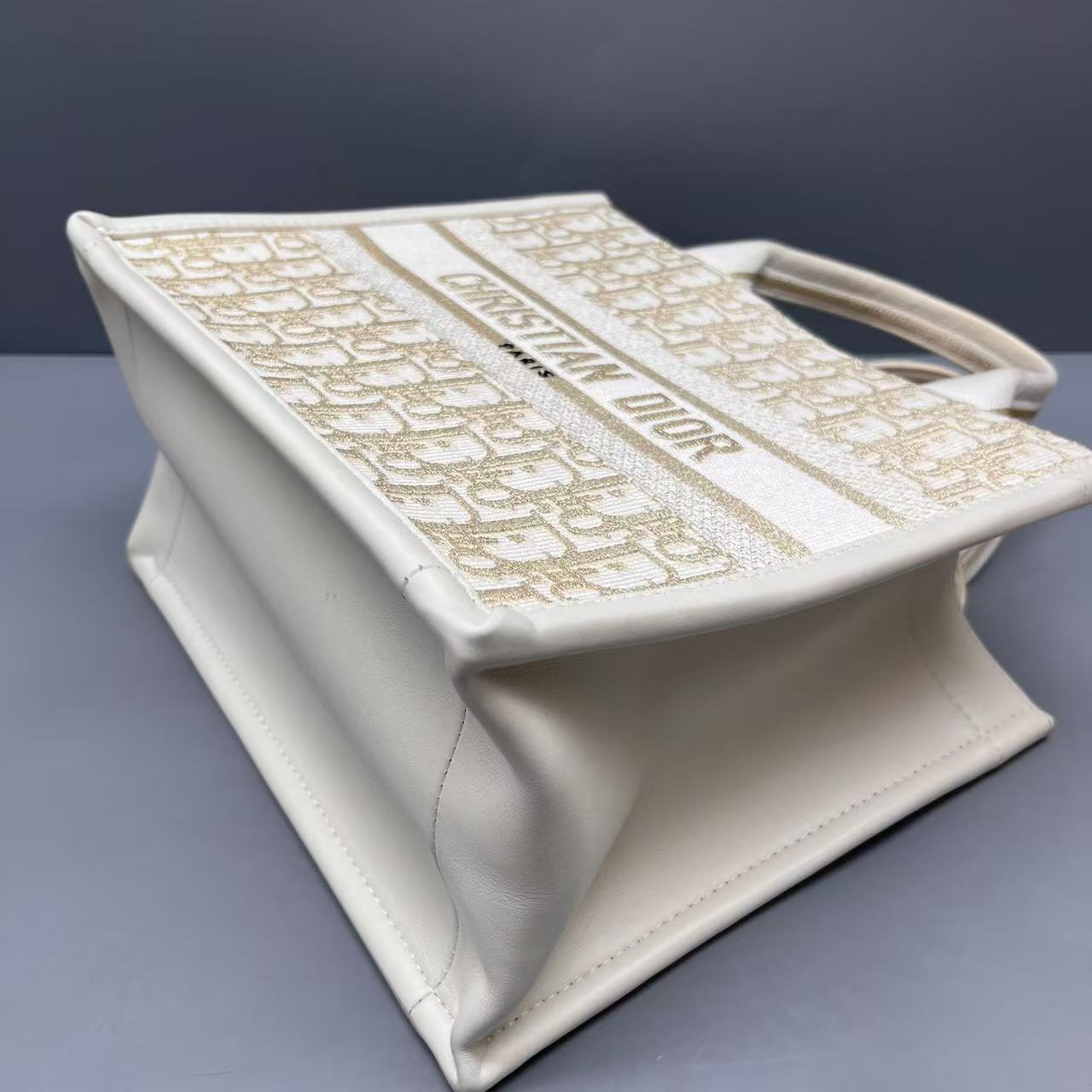 Dior - Small Book Tote - Embroidered canvas and leather trim - Beige with Gold/Tan embroidery - (small)