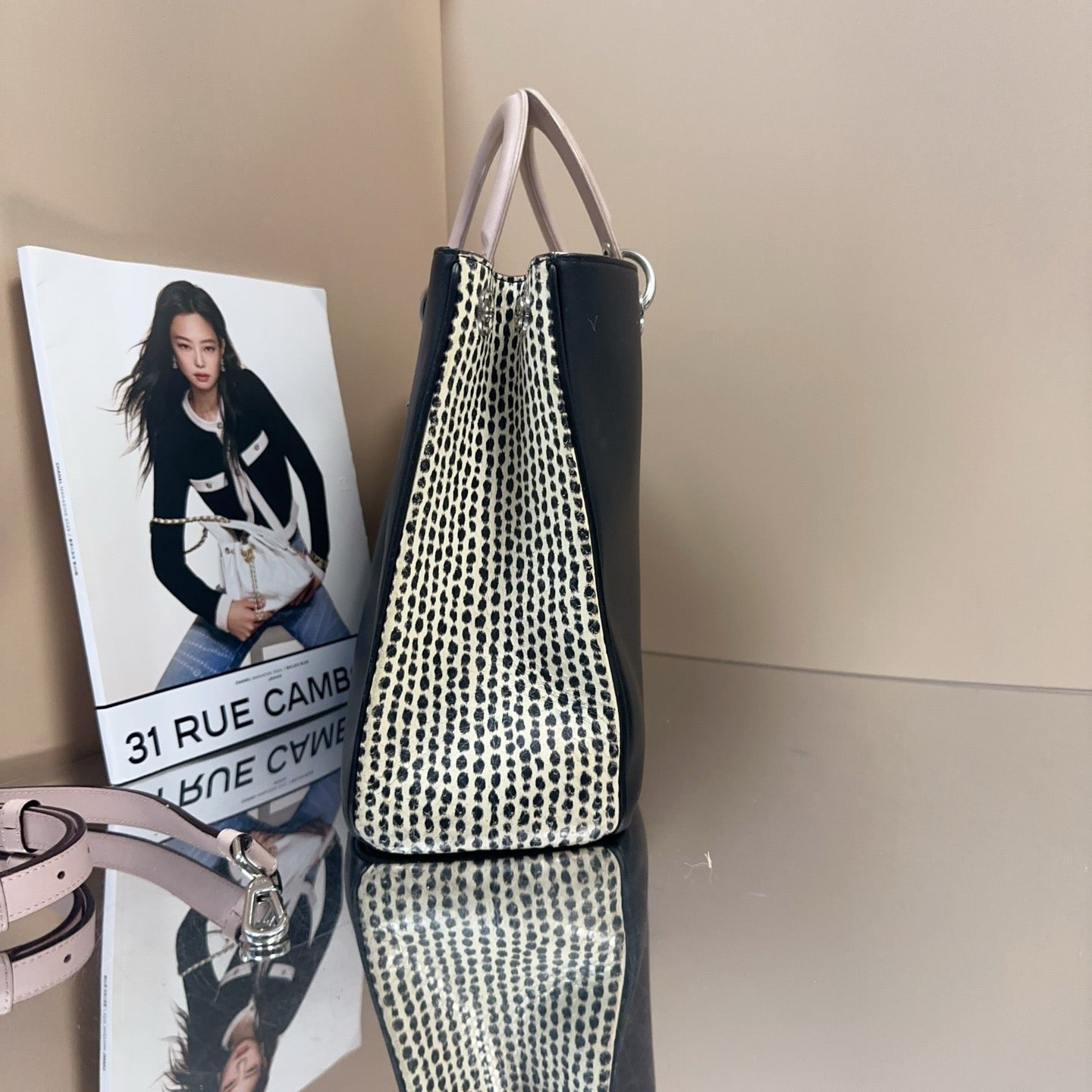 Dior - Tote Bag - Black cowhide leather with snakeskin side panels - Black - (medium)