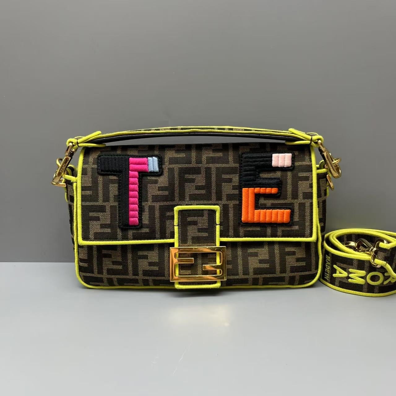 Fendi - Baguette - Canvas with fabric accents - Brown, Multicolour with Neon Yellow accents - (medium)