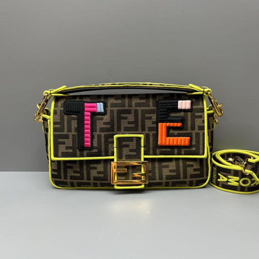 Fendi - Baguette - Canvas with fabric accents - Brown, Multicolour with Neon Yellow accents - (medium)
