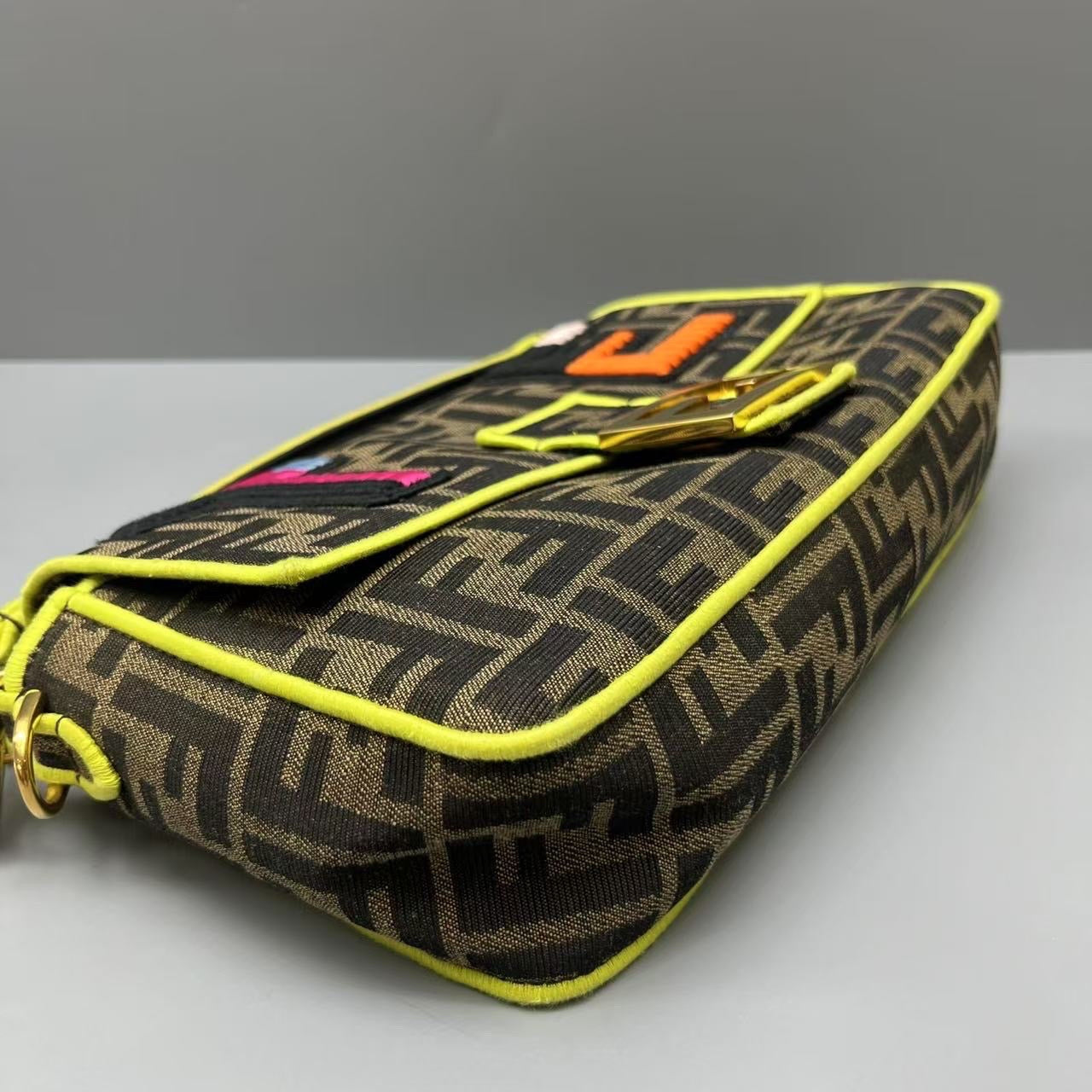 Fendi - Baguette - Canvas with fabric accents - Brown, Multicolour with Neon Yellow accents - (medium)