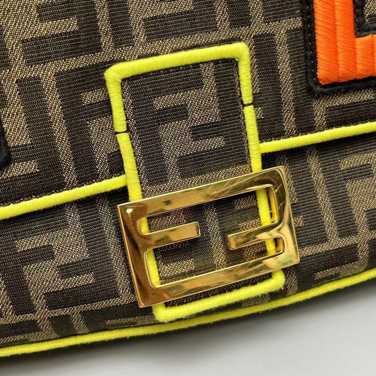 Fendi - Baguette - Canvas with fabric accents - Brown, Multicolour with Neon Yellow accents - (medium)
