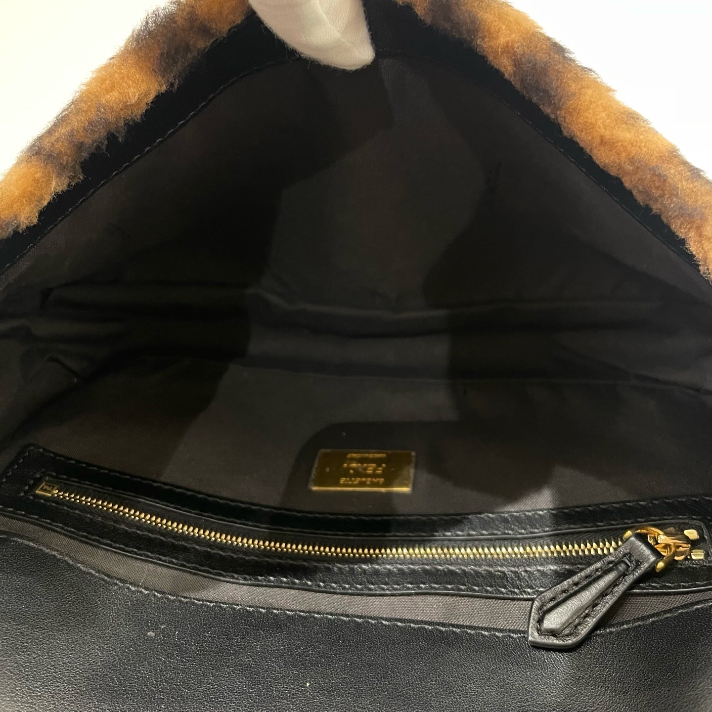 Fendi - Baguette Teddy FF Monogram - Shearling-effect fabric and leather - Brown and Black with Gold-Tone Hardware - (Small)