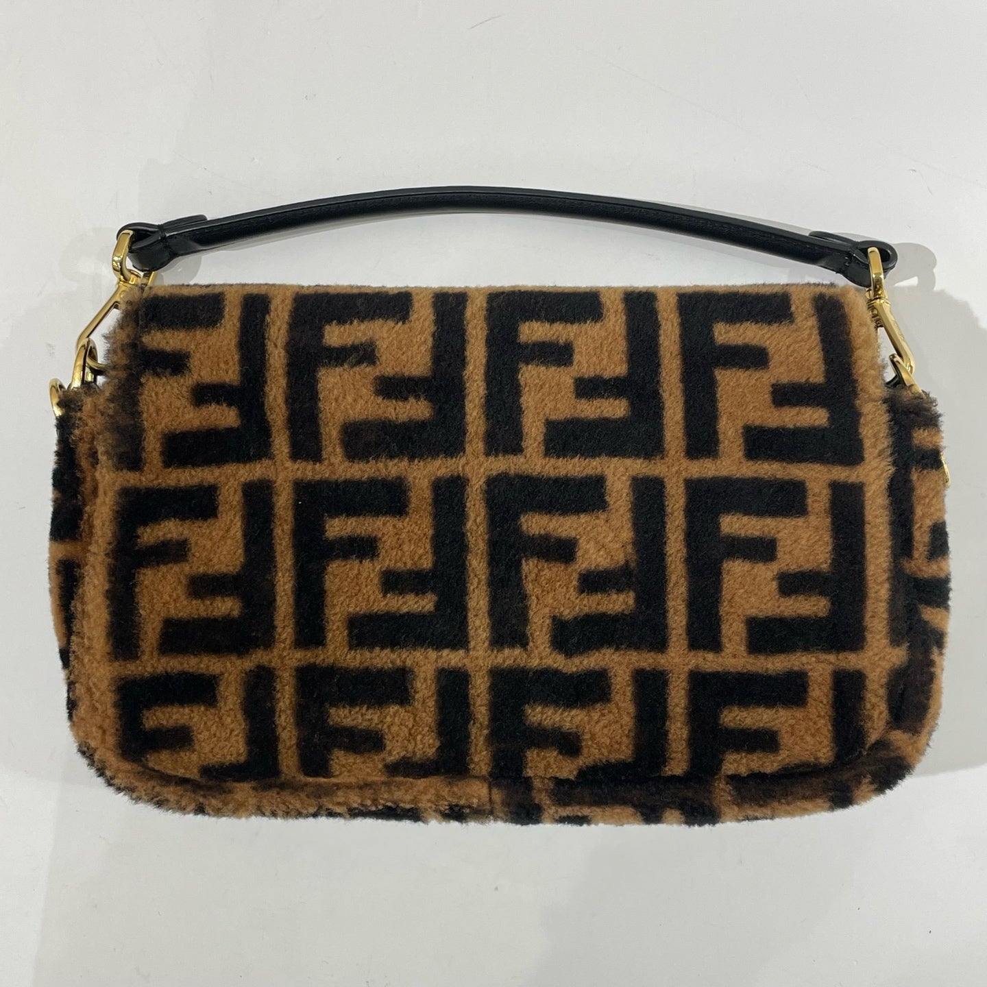 Fendi - Baguette Teddy FF Monogram - Shearling-effect fabric and leather - Brown and Black with Gold-Tone Hardware - (Small)