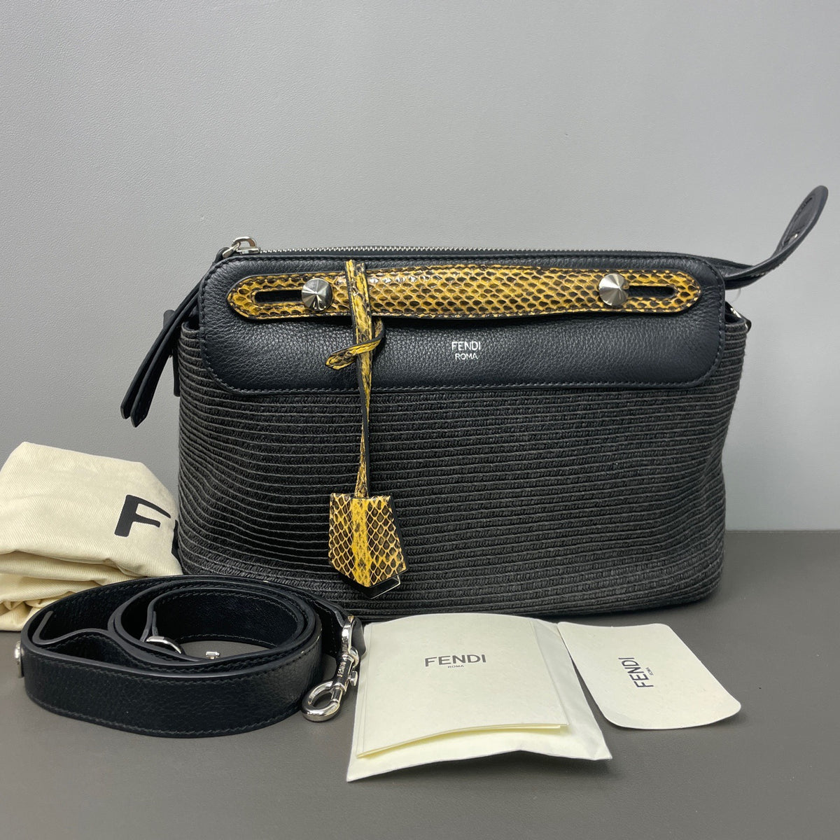 Fendi - Boston Bag with Snake-Effect Leather Accents - Cloth - Black