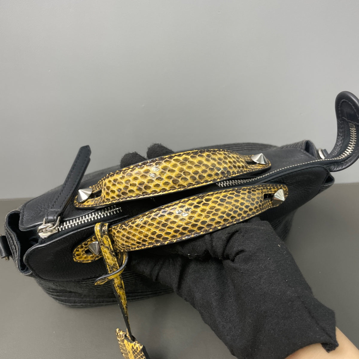 Fendi - Boston Bag with Snake-Effect Leather Accents - Cloth - Black
