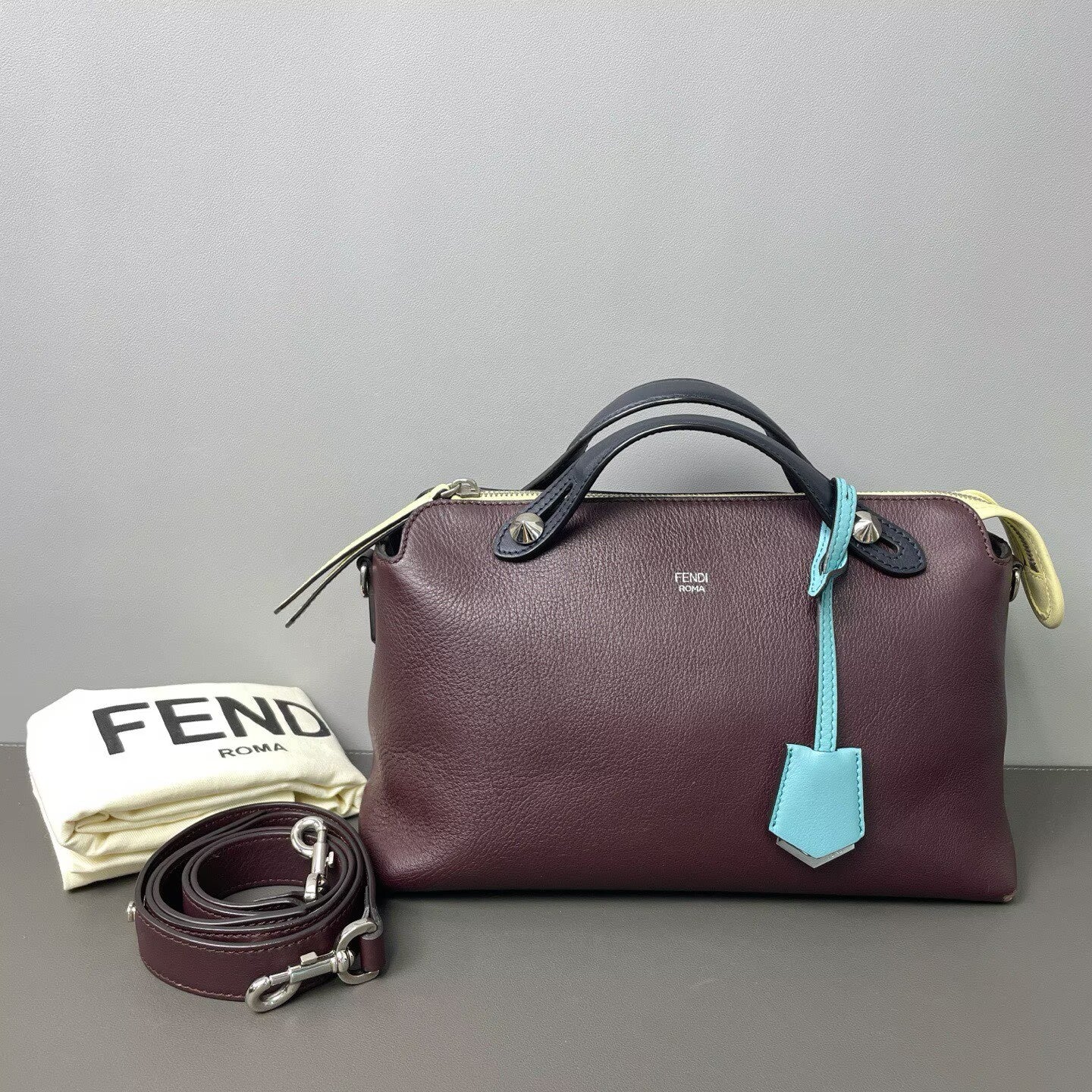 Fendi - By The Way Boston Bag - Grained calfskin leather - Burgundy, Dark Blue, and Yellow Color-block with Silver-Tone Hardware - (medium)