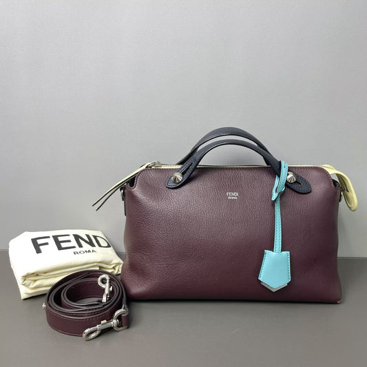 Fendi - By The Way Boston Bag - Grained calfskin leather - Burgundy, Dark Blue, and Yellow Color-block with Silver-Tone Hardware - (medium)