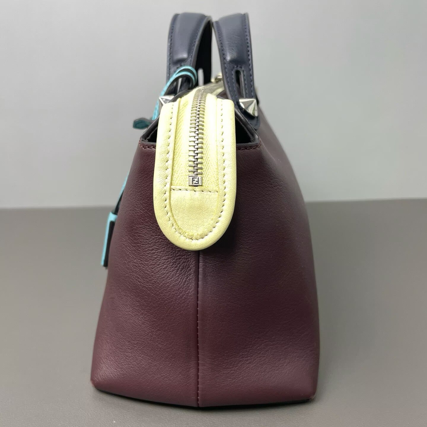 Fendi - By The Way Boston Bag - Grained calfskin leather - Burgundy, Dark Blue, and Yellow Color-block with Silver-Tone Hardware - (medium)