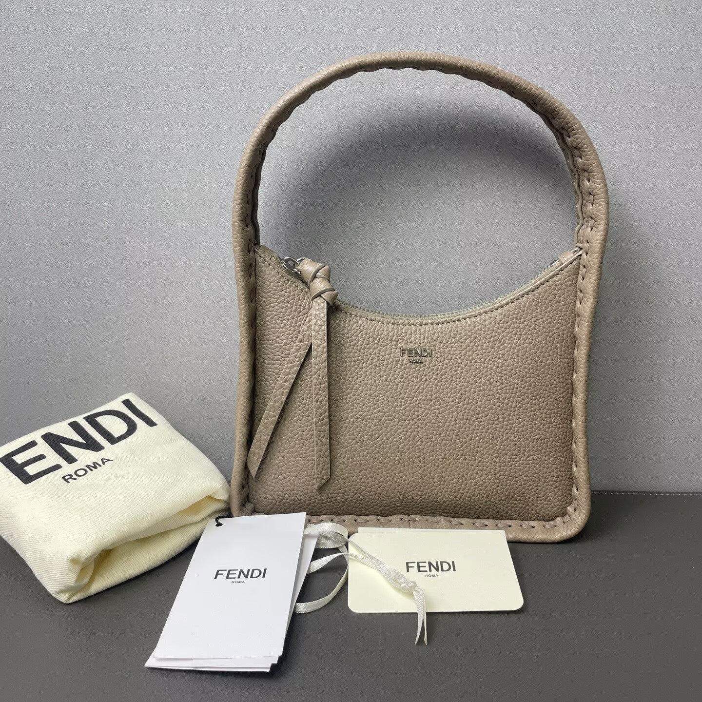 Fendi - Fendessence Moon Bag - Grained calfskin leather - Dove Grey - (Small)