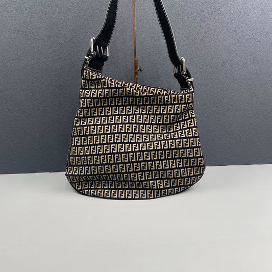 Fendi - Hobo Bag - Jacquard fabric with leather trim - Black and Beige with Silver-tone Hardware - (medium)