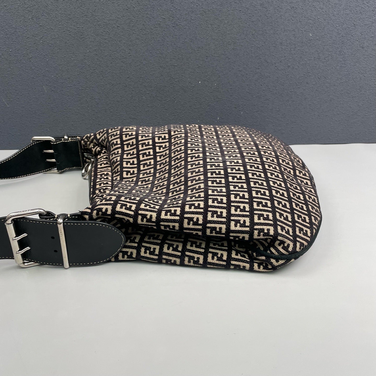 Fendi - Hobo Bag - Jacquard fabric with leather trim - Black and Beige with Silver-tone Hardware - (medium)