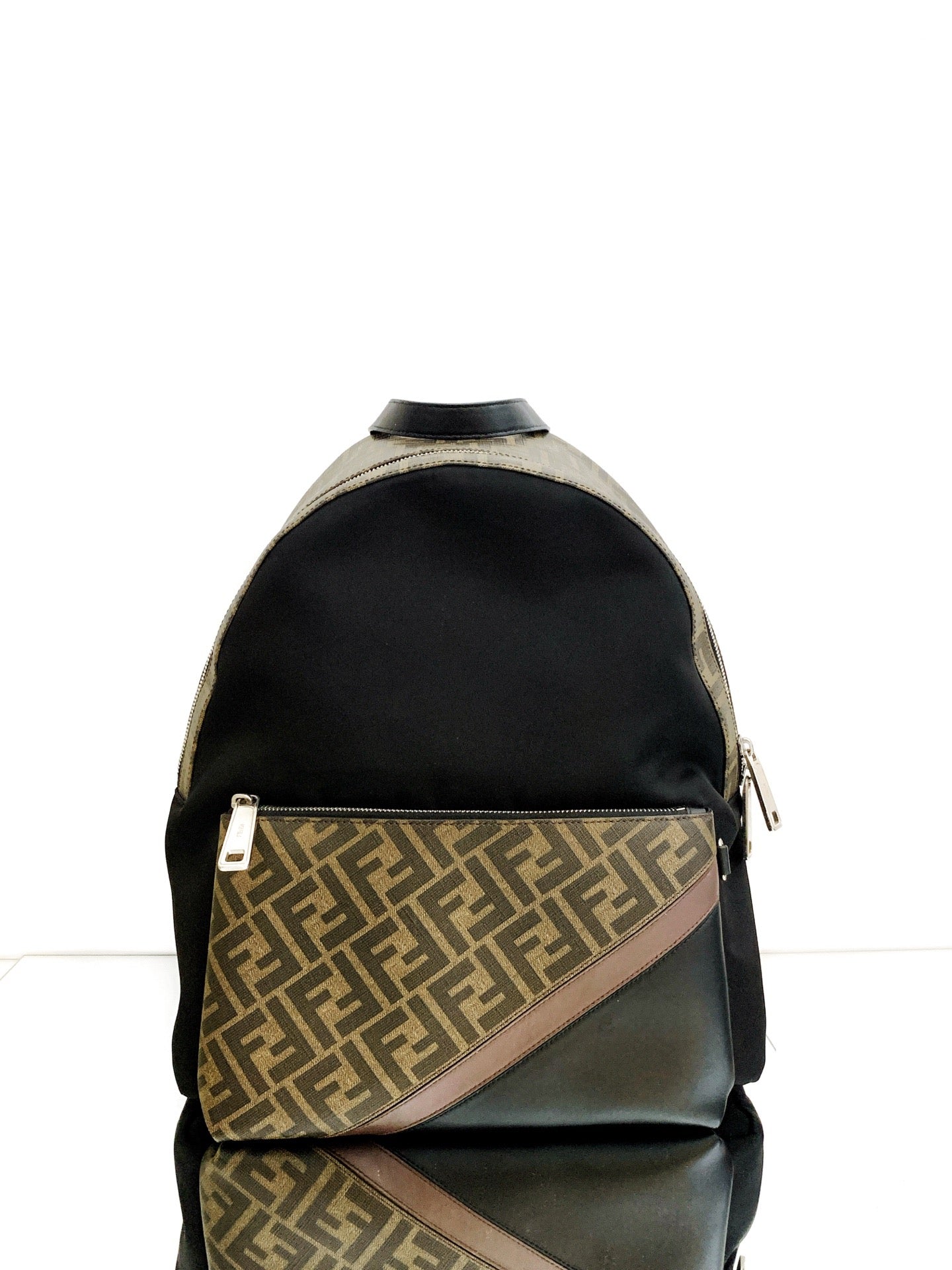 Fendi - Large Capacity Backpack - Coated canvas and nylon with leather trims - Black and Brown - (large)