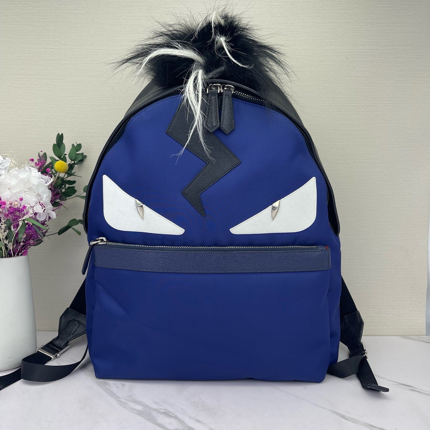 Fendi - Little Monster Backpack - Polyamide with leather and fur accents - Blue with Black and White - (Medium)