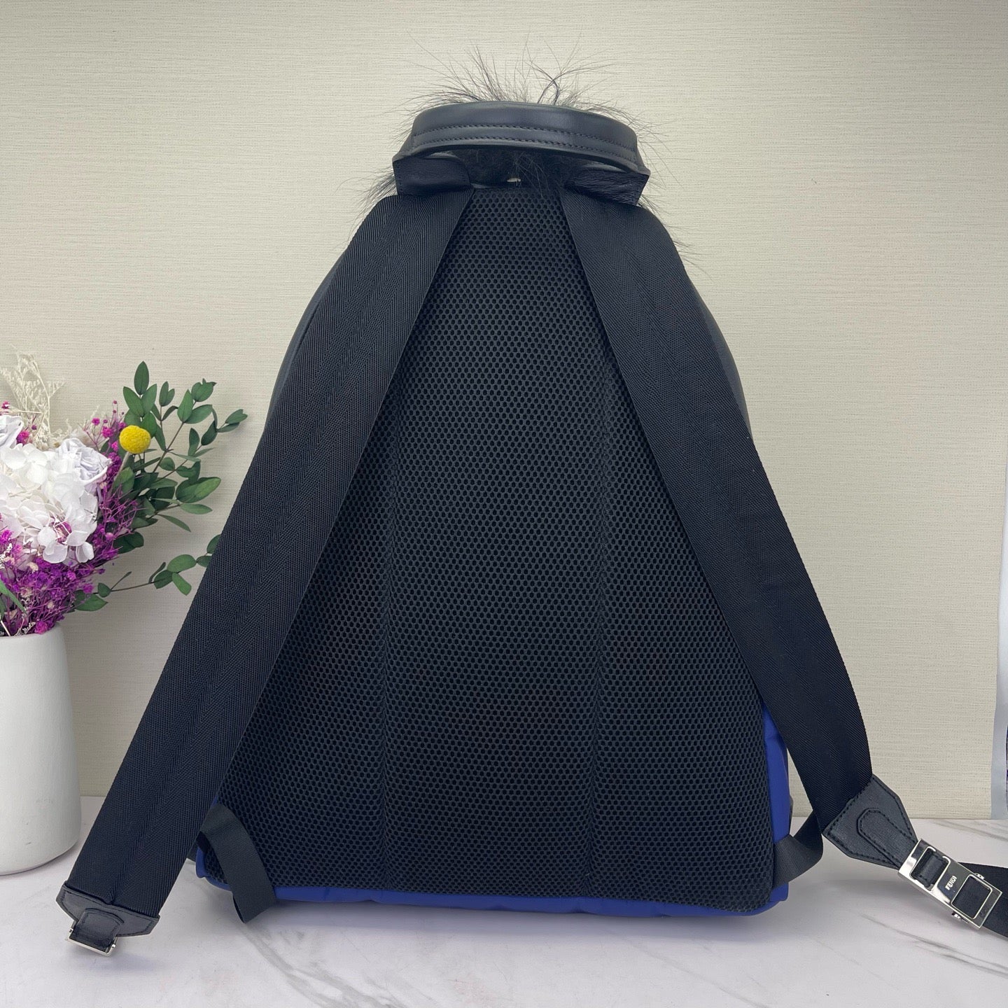 Fendi - Little Monster Backpack - Polyamide with leather and fur accents - Blue with Black and White - (Medium)